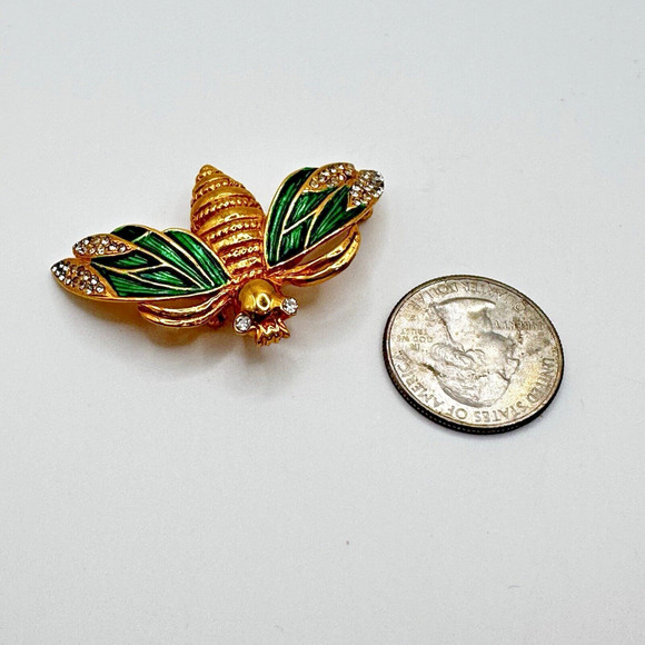 French Designer CARVEN Gold Tone Green Enamel Bee Brooch Pin Modele Depose #1282 - Picture 11 of 12